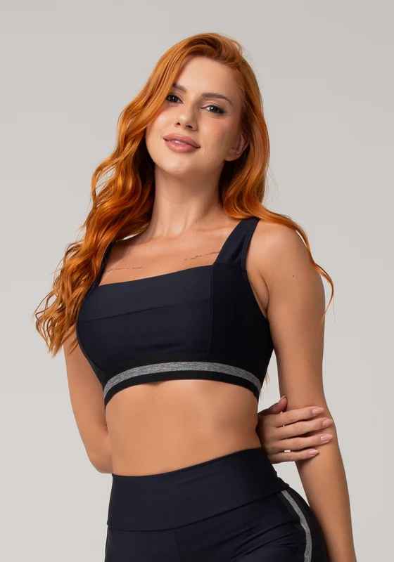 Top Fitness Feminino Preto Com Decote Reto E Elástico Listrado Mescla Nation Dlk PRETO / M