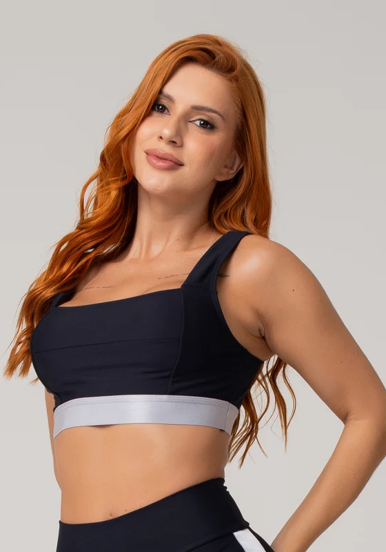 Top Fitness Feminino Preto Com Decote Reto E Elástico Prata Nation Dlk PRETO / M