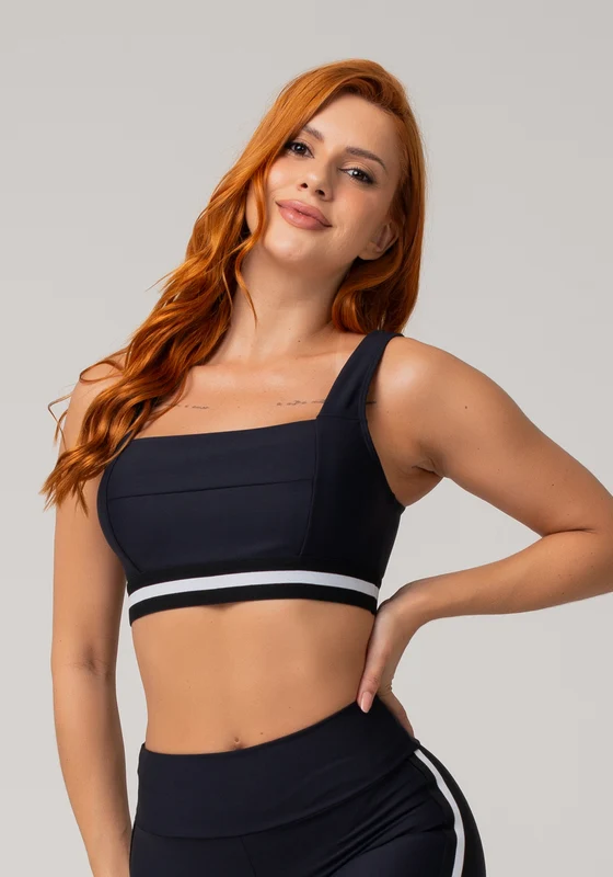 Top Fitness Feminino Preto Com Decote Reto E Elástico Listrado Branco Nation Dlk PRETO / G
