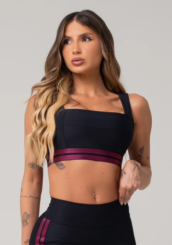 Top Fitness Feminino Preto Com Decote Reto E Elástico Listrado Roxo Nation Dlk ROXO / M