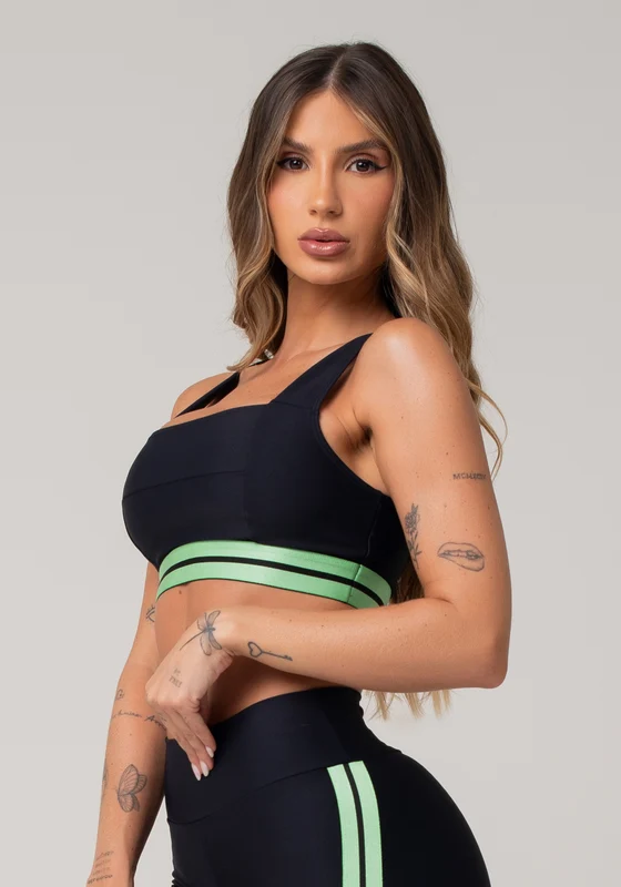 Top Fitness Feminino Preto Com Decote Reto E Elástico Listrado Verde Nation Dlk VERDE / G