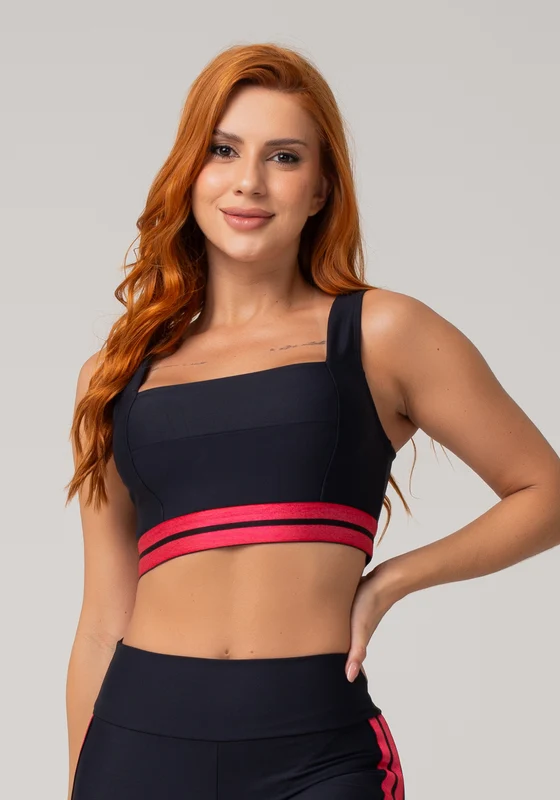 Top Fitness Feminino Preto Com Decote Reto E Elástico Listrado Rosa Nation Dlk ROSA / G