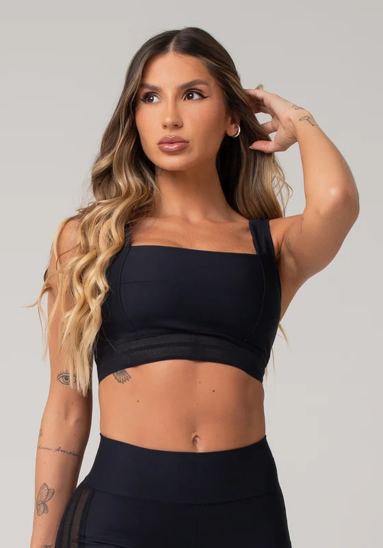 Top Fitness Feminino Preto Com Decote Reto E Elástico Furadinho Nation Dlk PRETO / M