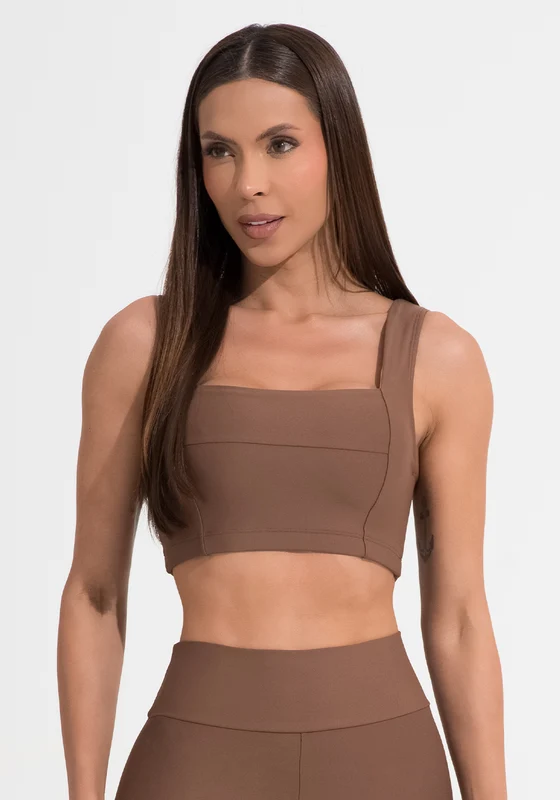 Top Fitness Feminino Marrom Decote Reto Com Recortes Aura Dlk MARROM / M