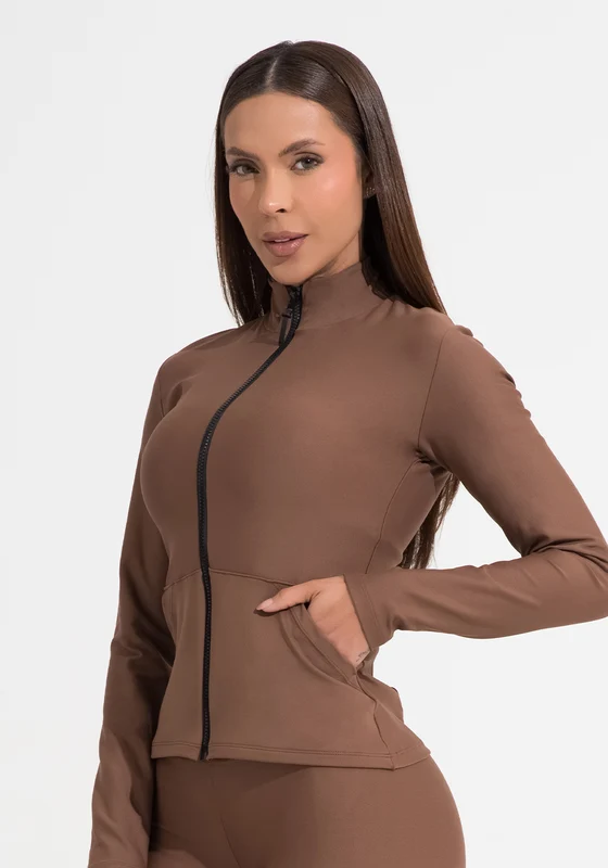 Casaco Fitness Feminino Marrom com Zíper e Bolsos Aura Dlk MARROM / P