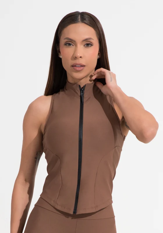 Colete Fitness Feminino Marrom com Zíper e Recortes Aura Dlk MARROM / P