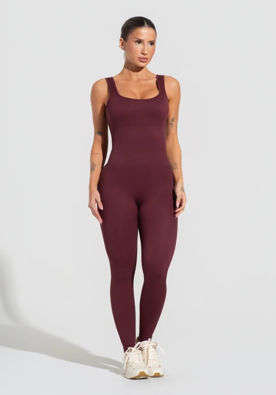 Macacão Fitness Feminino Vinho Canelado Com Bojo Seamless+ Dlk VINHO / P