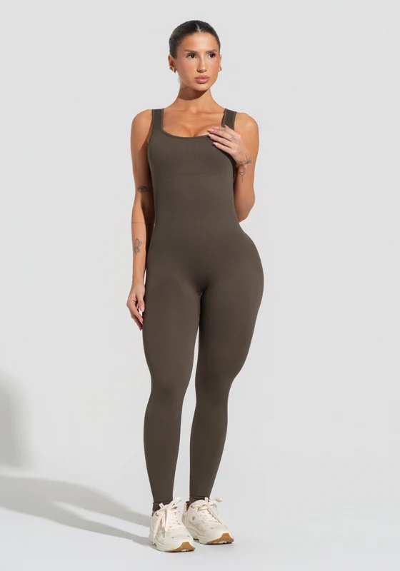 Macacão Fitness Feminino Verde Oliva Canelado Com Bojo Seamless+ Dlk OLIVA / G