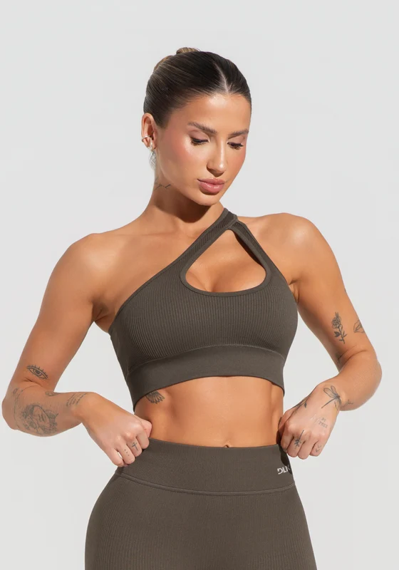 Top Fitness Feminino Verde Oliva Canelado Com Bojo E Detalhe Vazado Seamless+ Dlk OLIVA / M