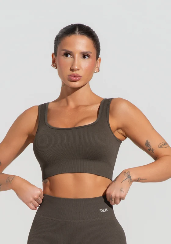 Top Fitness Feminino Verde Oliva Canelado Com Bojo Seamless+ Dlk OLIVA / G