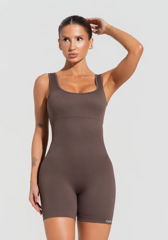 Macaquinho Fitness Feminino Marrom Canelado Com Bojo Seamless+ Dlk MARROM / G