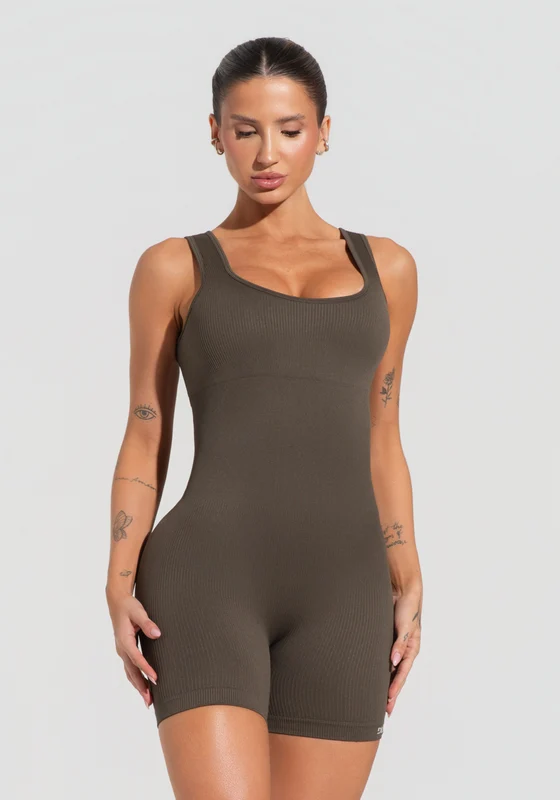 Macaquinho Fitness Feminino Verde Oliva Canelado com Bojo Seamless+ Dlk OLIVA / P