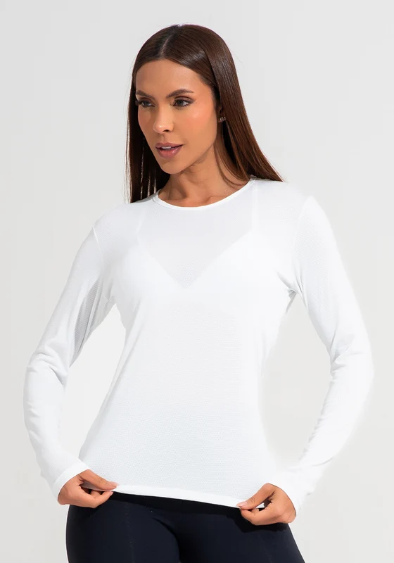 Blusa Feminina Manga Longa De Poliamida Básica Dlk Branco BRANCO / GG