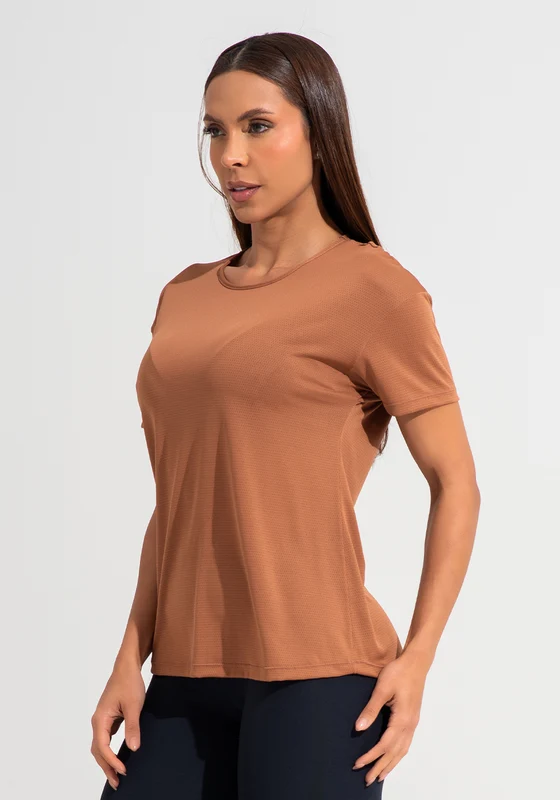 Blusa T-shirt Fitness Feminina De Poliamida Básica Dlk Marrom MARROM / G