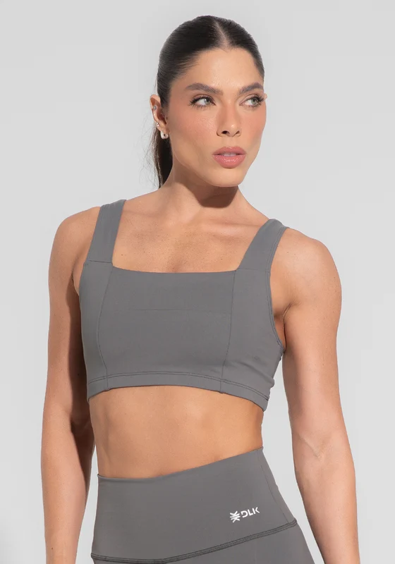Top Fitness Feminino Decote Reto com Recortes Cinza Básico Dlk CINZA / G