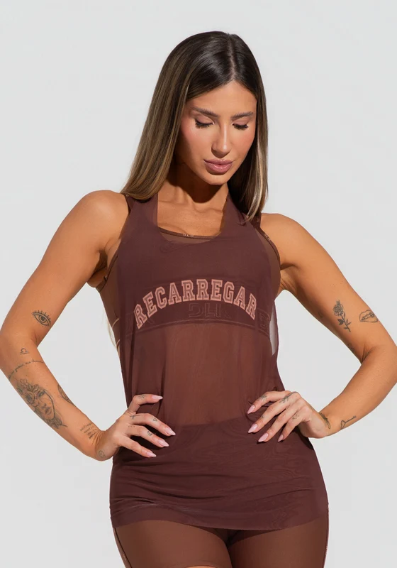 Camiseta Fitness Feminina De Tule Alongada Marrom Estampada Recarregar Activity Dlk MARROM / P