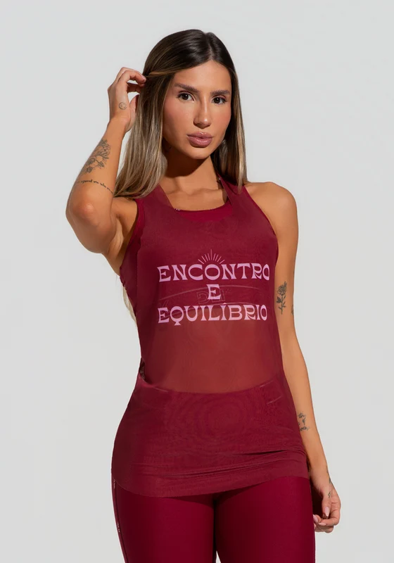 Camiseta Fitness Feminina De Tule Alongada Vinho Estampada Encontro Activity Dlk CEREJA / GG