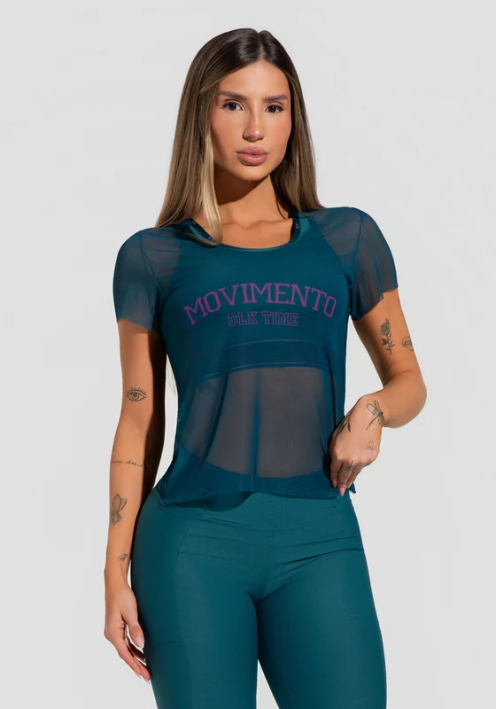 Blusa Baby Look Feminina De Tule Verde Estampada Movimento Activity Dlk VERDE / P