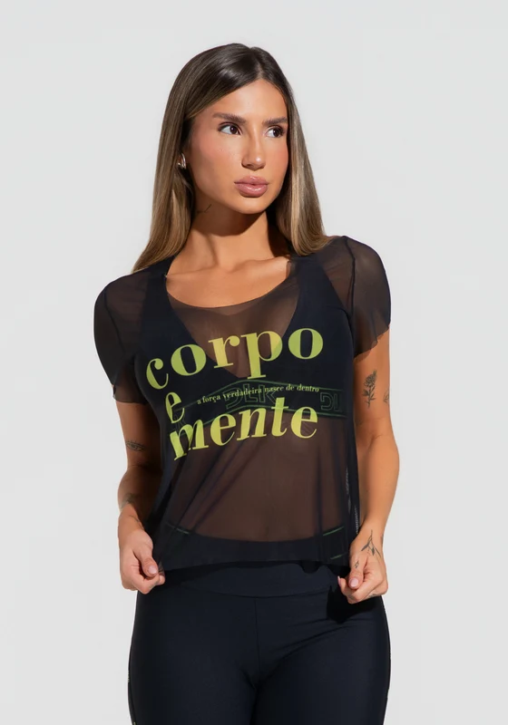 Blusa Baby Look Feminina De Tule Preto Estampada Corpo E Mente Activity Dlk PRETO / P