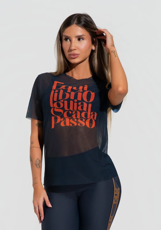 Blusa Fitness Feminina De Tule Grafite Estampada Equilíbrio Activity Dlk CINZA / P