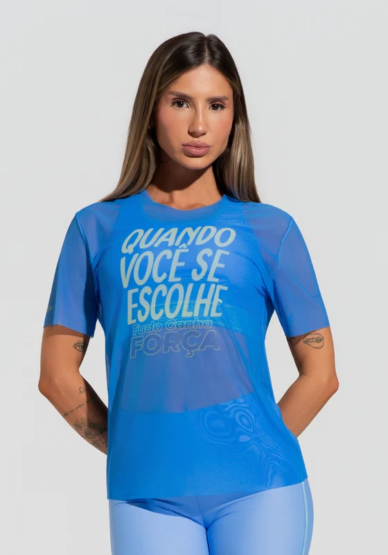 Blusa Fitness Feminina De Tule Azul Estampada Escolha Activity Dlk AZUL / GG