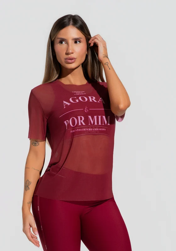 Blusa Fitness Feminina De Tule Vinho Estampada Por Mim Activity Dlk CEREJA / P