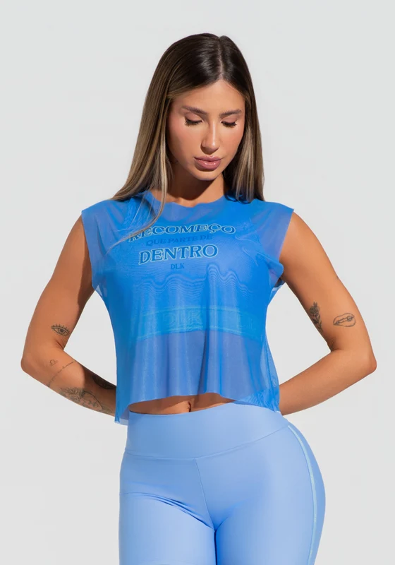 Cropped Feminino De Tule Azul Estampado Recomeço Activity Dlk AZUL / G
