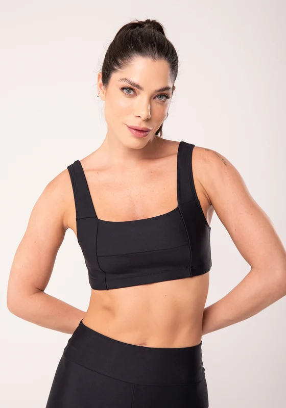 Top Fitness Feminino Preto Com Recortes E Decote Reto Dlk PRETO / P