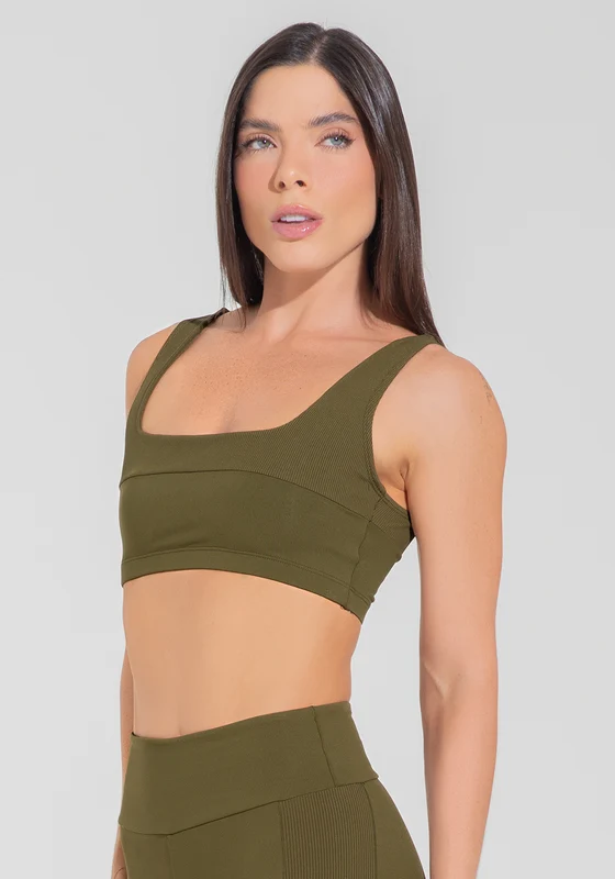 Top Fitness Feminino Decote Quadrado Com Detalhe Canelado Motion Lines Dlk Verde Oliva OLIVA / G