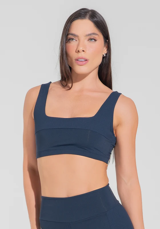 Top Fitness Feminino Decote Quadrado Com Detalhe Canelado Motion Lines Dlk Azul Marinho AZUL MARINHO / GG