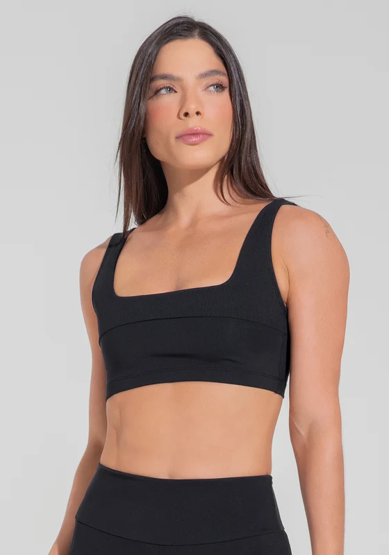 Top Fitness Feminino Decote Quadrado Com Detalhe Canelado Motion Lines Dlk Preto PRETO / P
