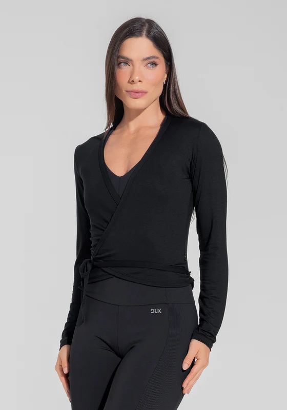 Casaco Feminino Transpassado Com Amarração Motion Lines Dlk Preto PRETO / GG
