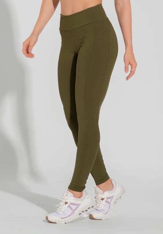 Legging Fitness Feminina com Lateral Canelada Motion Lines Dlk Verde Oliva OLIVA / GG