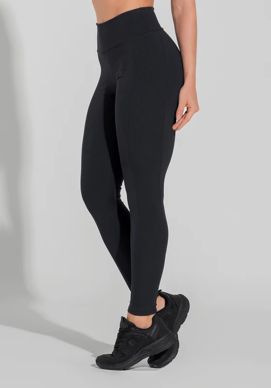 Legging Fitness Feminina com Lateral Canelada Motion Lines Dlk Preto PRETO / G