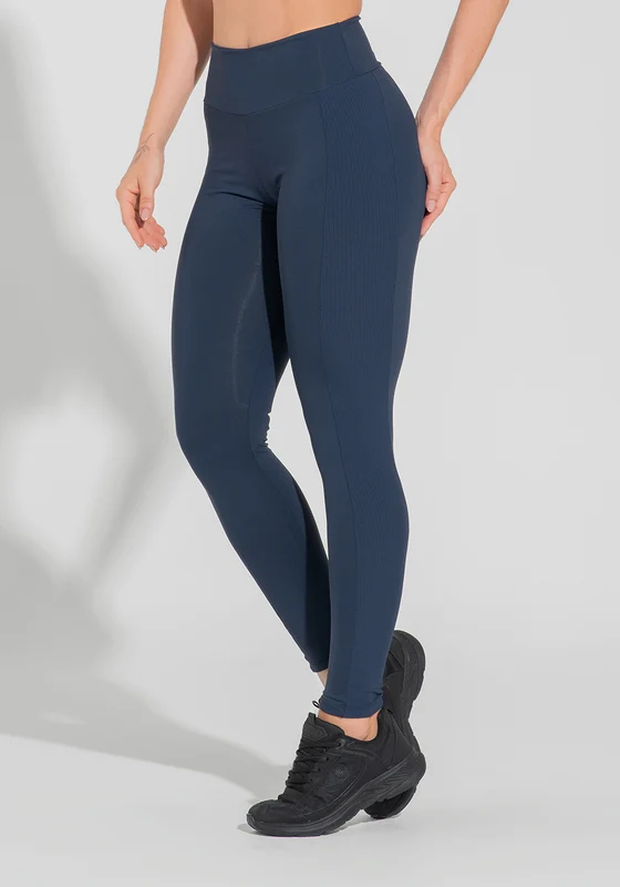 Legging Fitness Feminina com Lateral Canelada Motion Lines Dlk Azul Marinho AZUL MARINHO / G