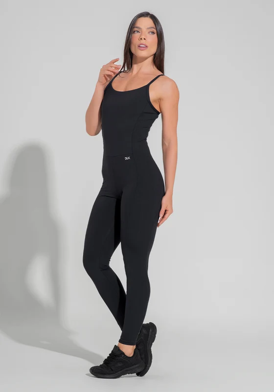 Macacão Fitness Feminino Com Lateral Canelada Motion Lines Dlk Preto PRETO / P