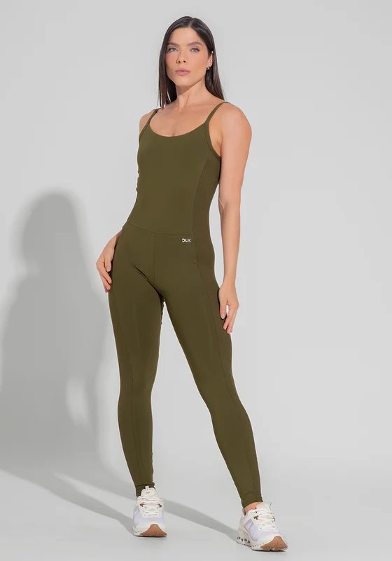 Macacão Fitness Feminino com Lateral Canelada Motion Lines Dlk Verde Oliva OLIVA / M