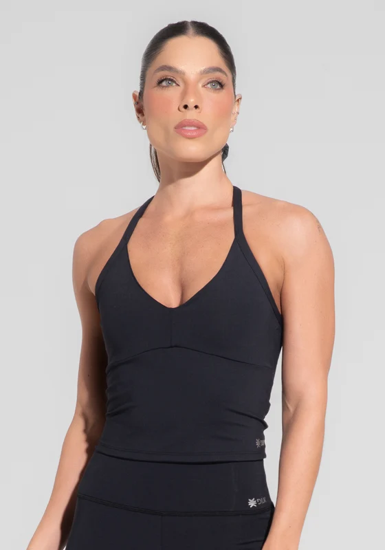 Camiseta Fitness Feminina com Amarração No Pescoço Preto Básica Dlk PRETO / G