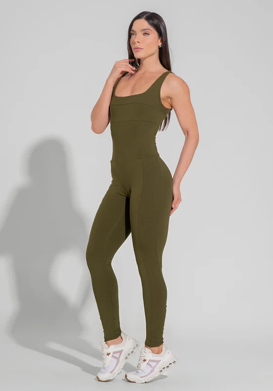 Macacão Fitness Feminino Decote Quadrado com Recortes Canelados Motion Lines Verde Dlk OLIVA / M