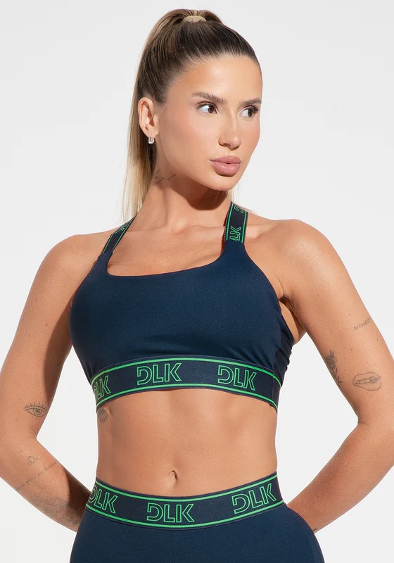 Top Fitness Feminino Com Bojo E Alças De Elástico Com Tule Nas Costas Activity Dlk Azul Marinho AZUL MARINHO / G