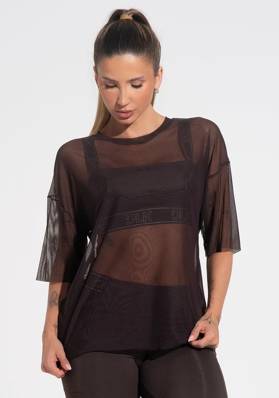 Blusa T-shirt Fitness Feminina De Tule Activity Dlk Marrom Café CAFÉ / G