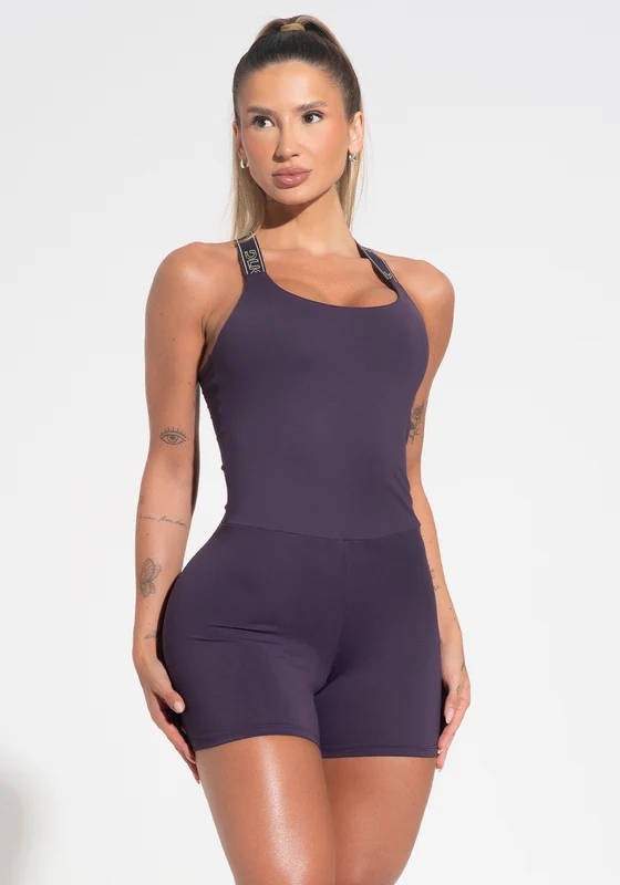 Macaquinho Fitness Feminino Com Alças De Elástico E Tule Nas Costas Activity Dlk Roxo ROXO / G