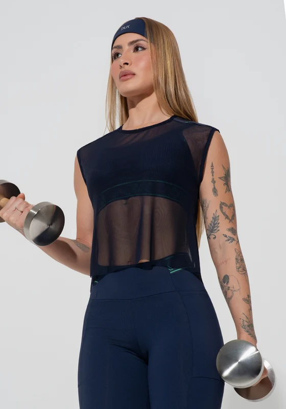 Camiseta Fitness Feminina De Tule Com Elástico Activity Dlk Azul Marinho AZUL MARINHO / M