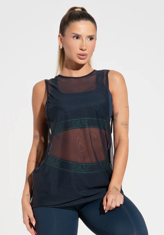 Camiseta Fitness Feminina De Tule Com Elástico Nas Laterais Activity Dlk Azul Marinho AZUL MARINHO / P