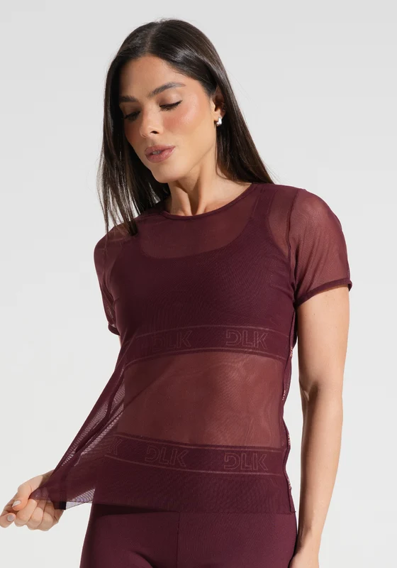 Blusa Baby Look Feminina De Tule Com Elástico Nas Laterais Activity Dlk Vinho VINHO / M