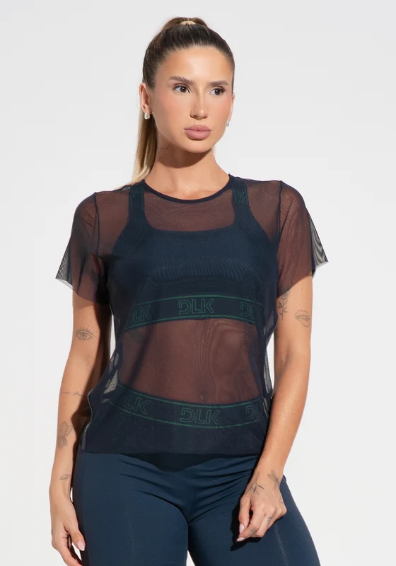 Blusa Baby Look Feminina De Tule Com Elástico Nas Laterais Activity Dlk Azul Marinho AZUL MARINHO / GG