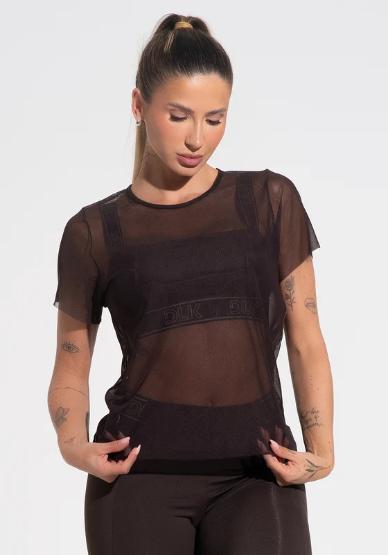 Blusa Baby Look Feminina De Tule Com Elástico Nas Laterais Activity Dlk Marrom Café CAFÉ / GG