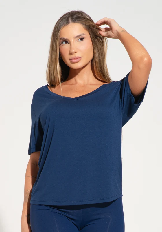 Blusa Feminina Com Decote V E Tira Nas Costas Básica Dlk Azul Marinho AZUL MARINHO / GG