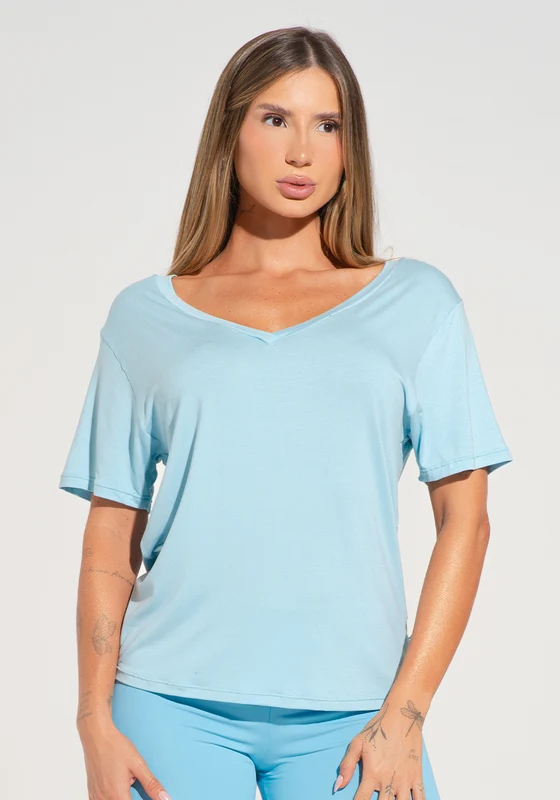 Blusa Feminina Com Decote V E Tira Nas Costas Básica Dlk Azul AZUL / P