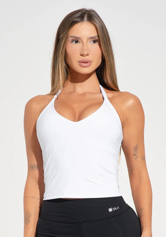 Camiseta Fitness Feminina com Amarração No Pescoço Branco Básica Dlk BRANCO / GG